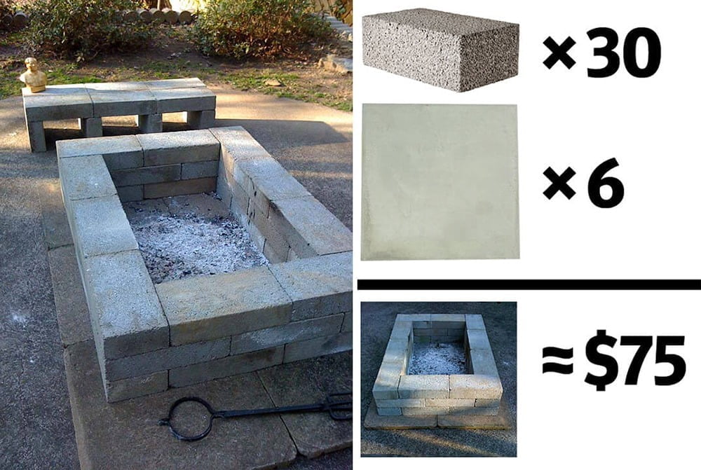 Square Fire Pit and Bench with Concrete Blocks