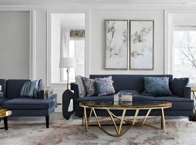 decorating around a navy blue sofa
