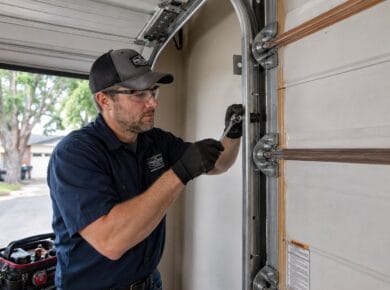 Garage Door Technician Repairing Track and Roller